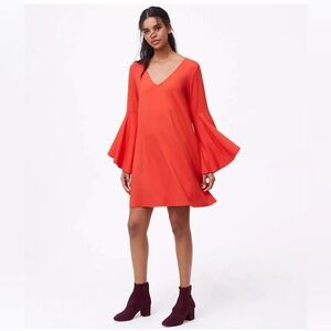 LOFT Hot Orange Swing Dress Boho Knit Long Flare Bell Sleeves Size L NWT